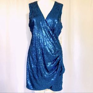 Aqua Sequin Faux Wrap V Neck Mini Dress in Cobalt Blue